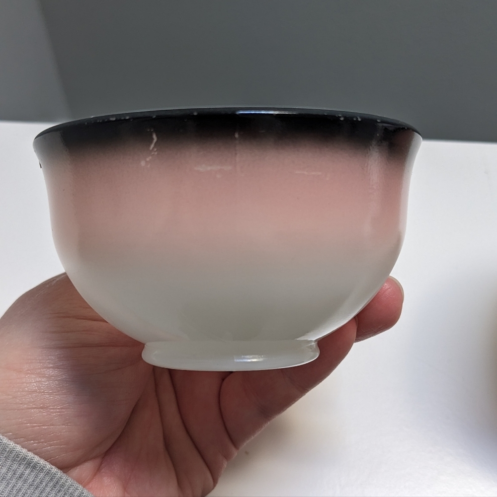 Vintage 1950s Hazel Atlas Pink & Black Ovide Milk Glass Cups and Cream Pitcher - Picture 3 of 9